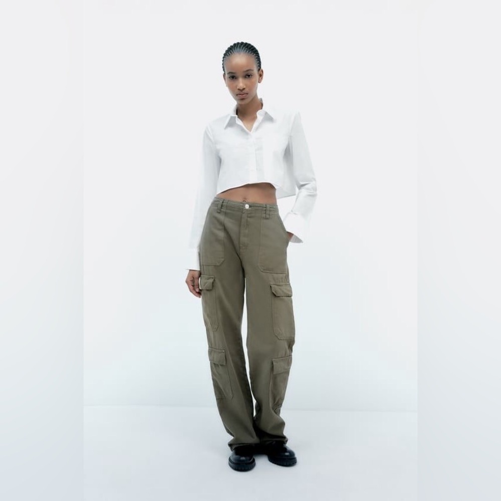 NWT Zara TRF Straight Multipocket Cargo Pants in Dark Khaki Size 4